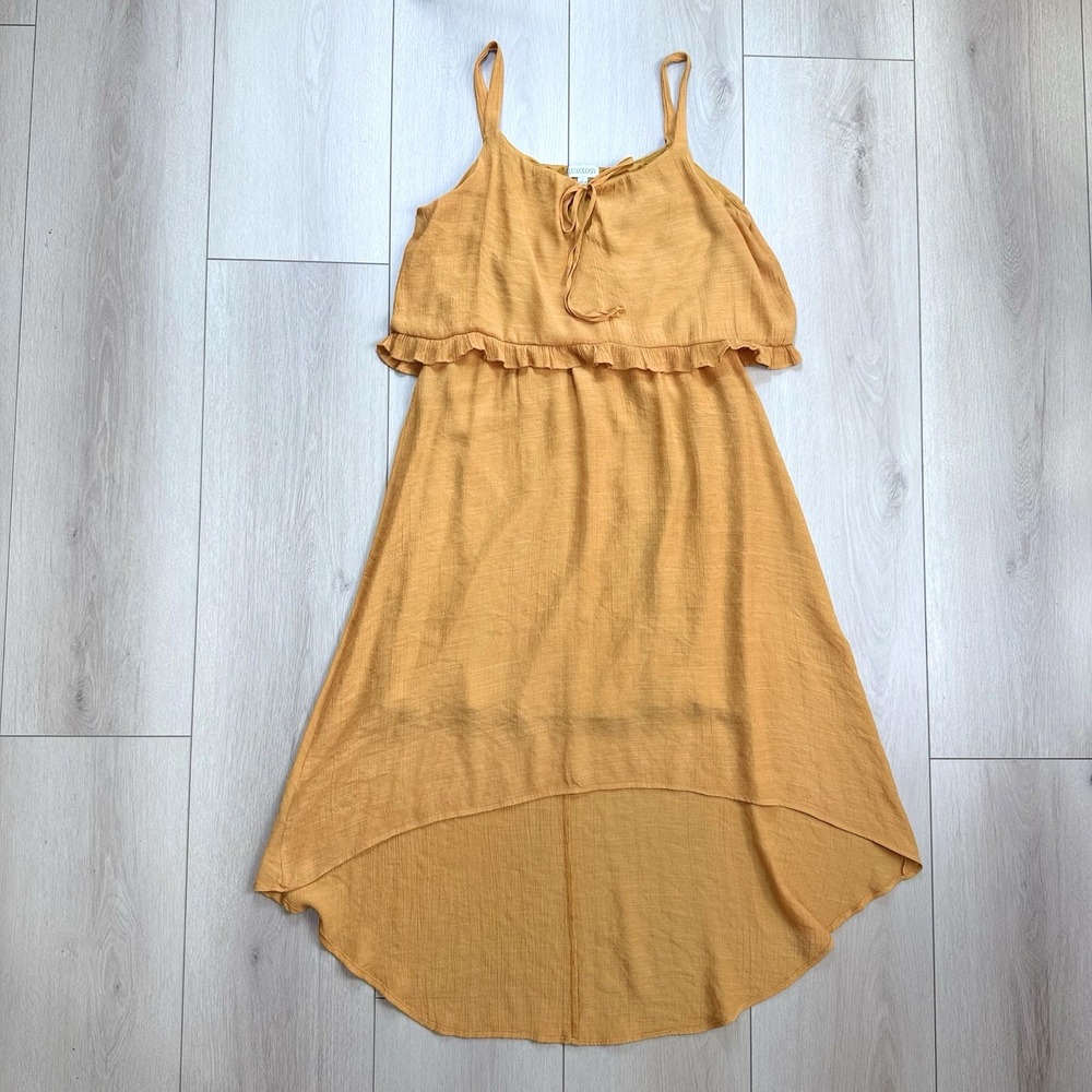 Luxology Womens L Mustard Midi Dress Ruffle Tie Front Hi Low‎ Rayon Boho Chic